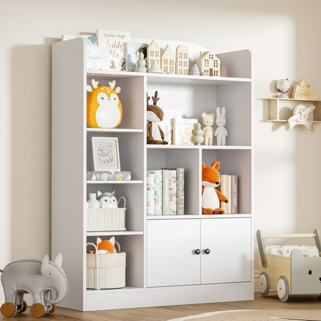 Modern Kids White Wooden Bookcase with Multiple Open Shelves and Lower Storage Cabinet – Nursery, Bedroom and Playroom Bookshelf Organizer Unit
