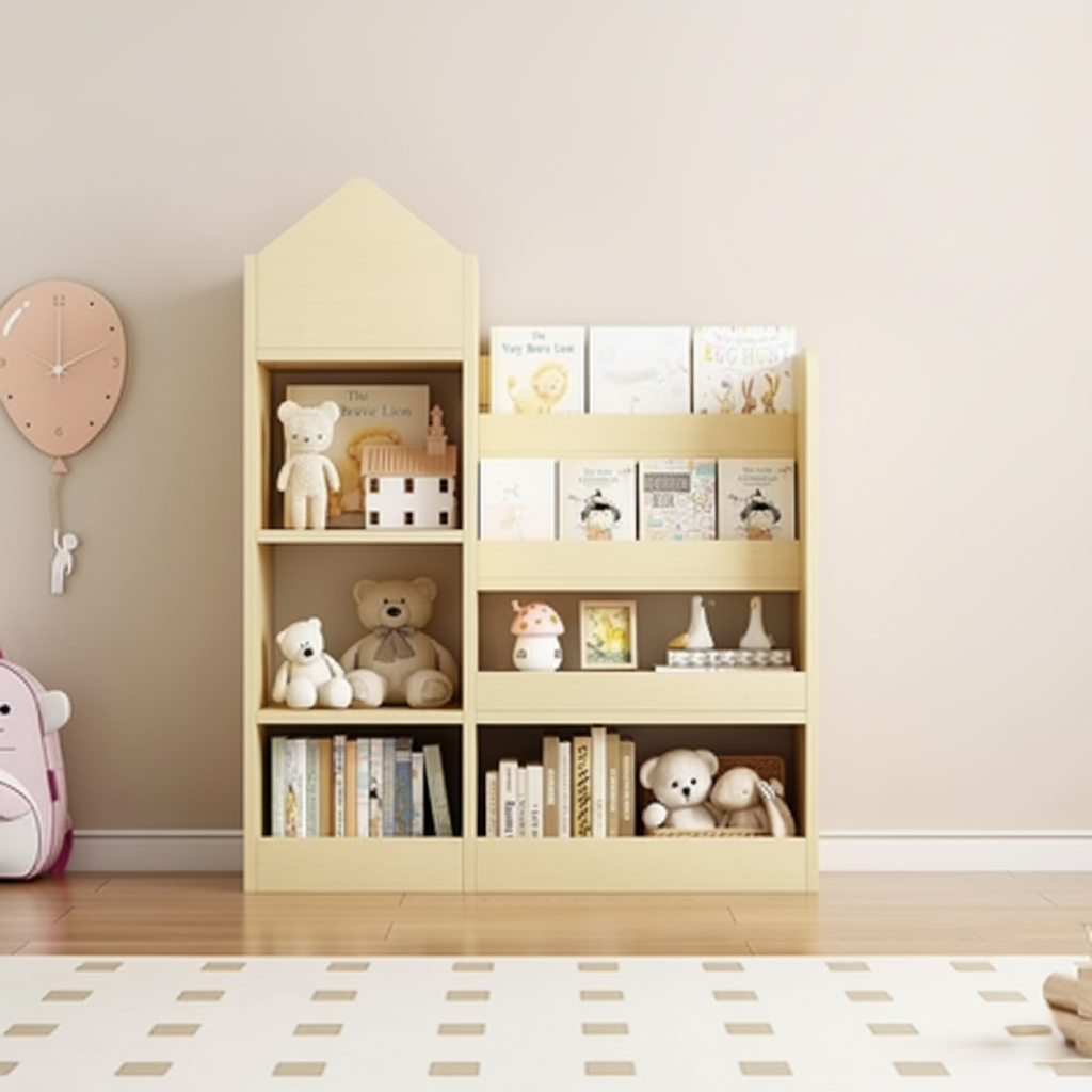 Kids Wooden Display Bookcase with Open Shelves, Nursery Toy and Book Storage Organizer, Modern Pastel Kids Room Bookshelf for Story Books, Toys and Decor