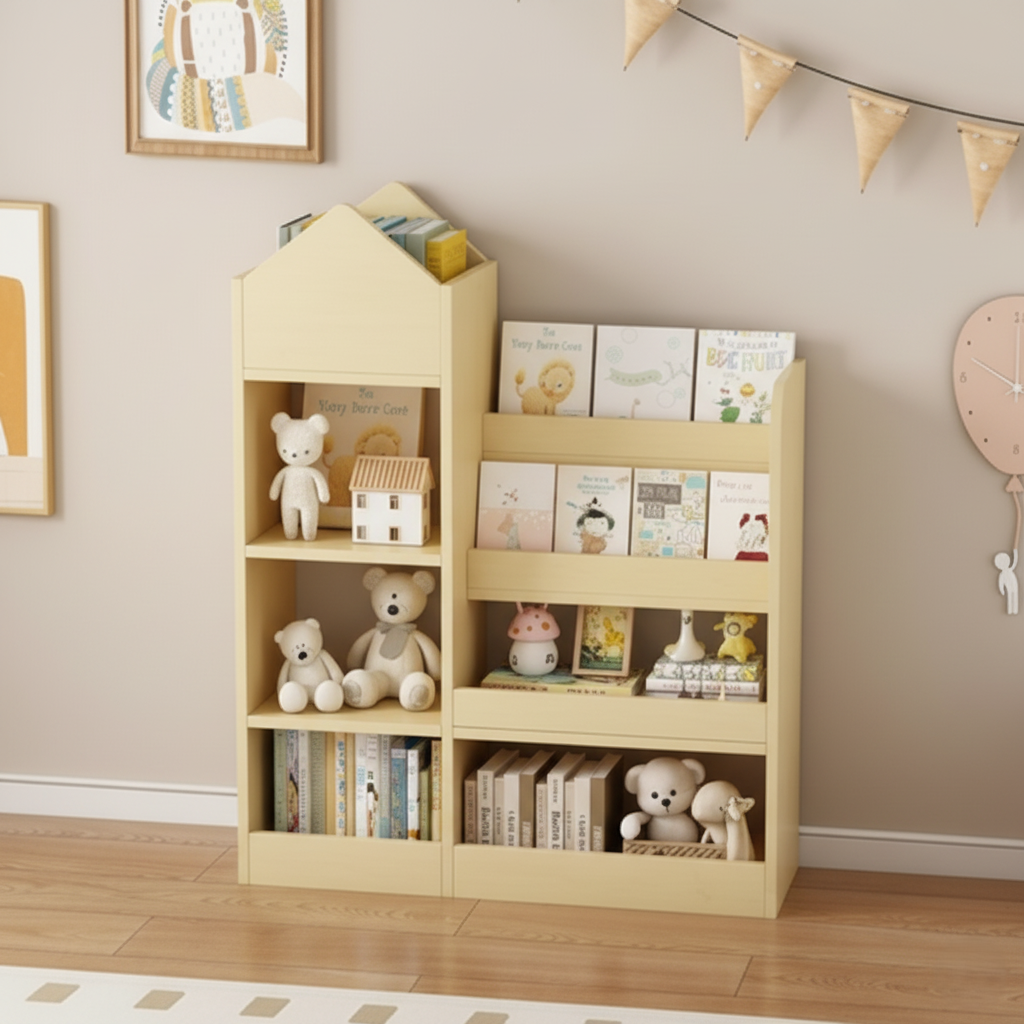 Kids Wooden Display Bookcase with Open Shelves, Nursery Toy and Book Storage Organizer, Modern Pastel Kids Room Bookshelf for Story Books, Toys and Decor