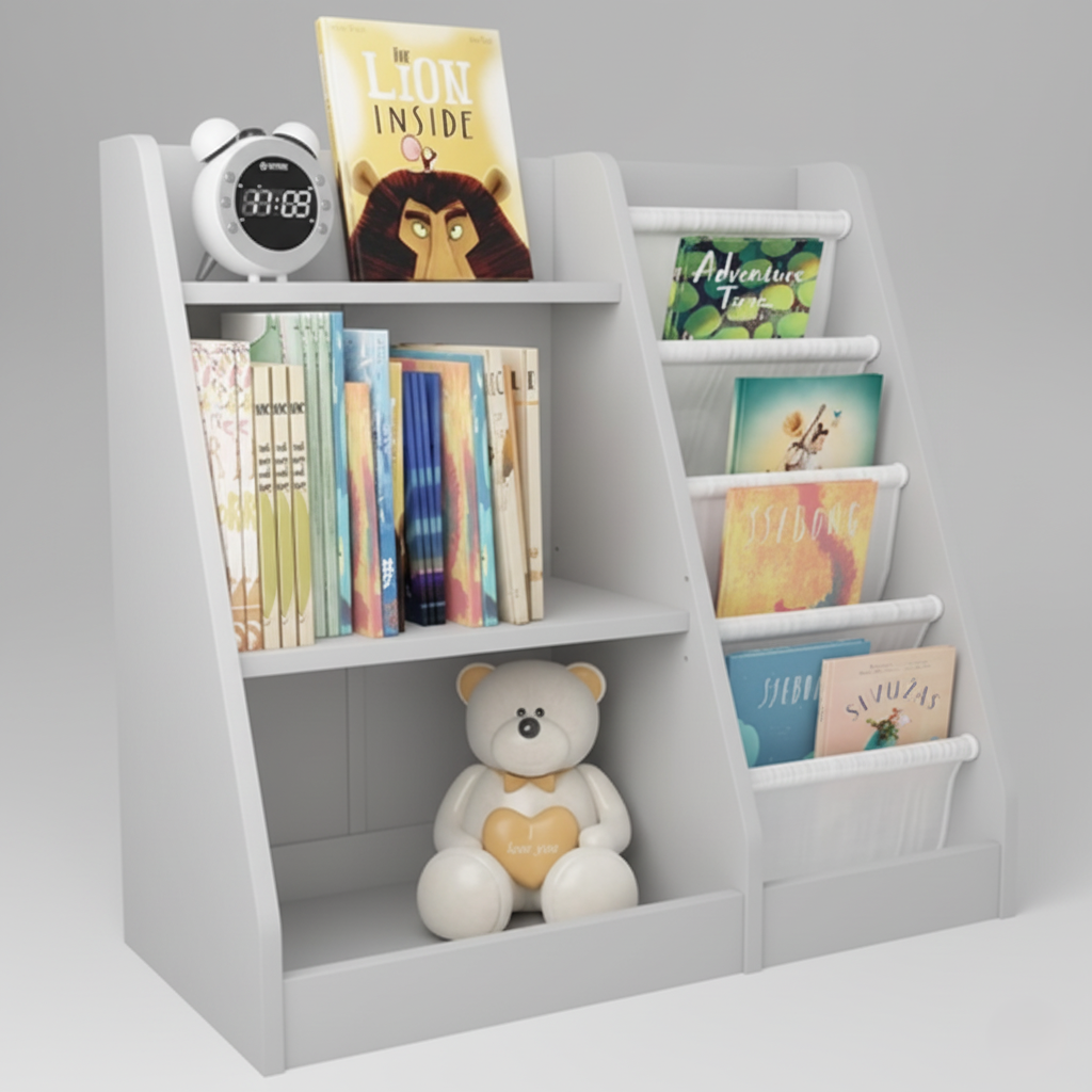 Kids Bookcase with Open Shelves and Fabric Pocket Storage Organizer for Books, Toys and Study Room – Compact Wooden Kids Bookshelf for Bedroom
