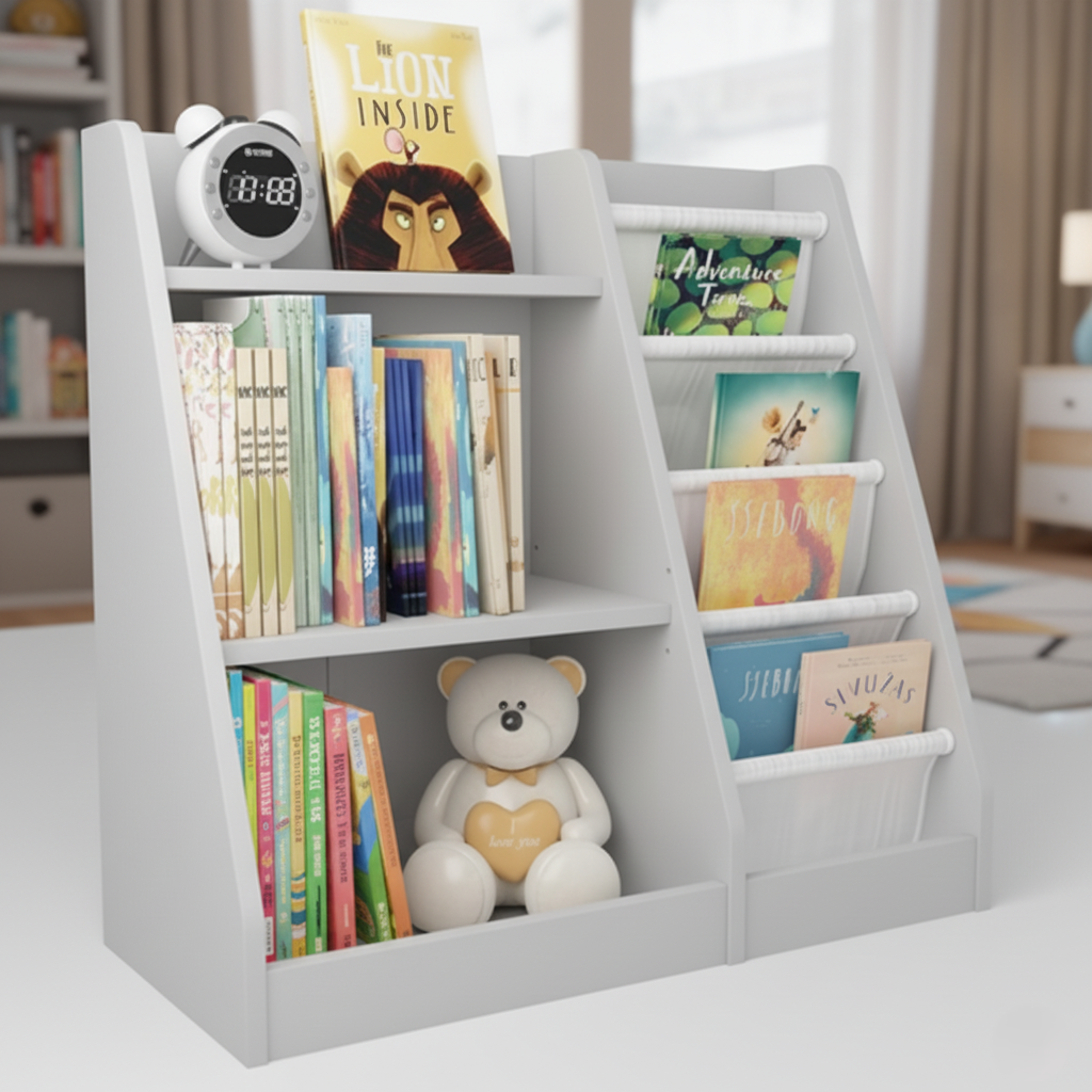 Kids Bookcase with Open Shelves and Fabric Pocket Storage Organizer for Books, Toys and Study Room – Compact Wooden Kids Bookshelf for Bedroom