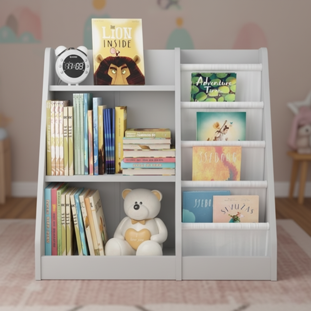 Kids Bookcase with Open Shelves and Fabric Pocket Storage Organizer for Books, Toys and Study Room – Compact Wooden Kids Bookshelf for Bedroom