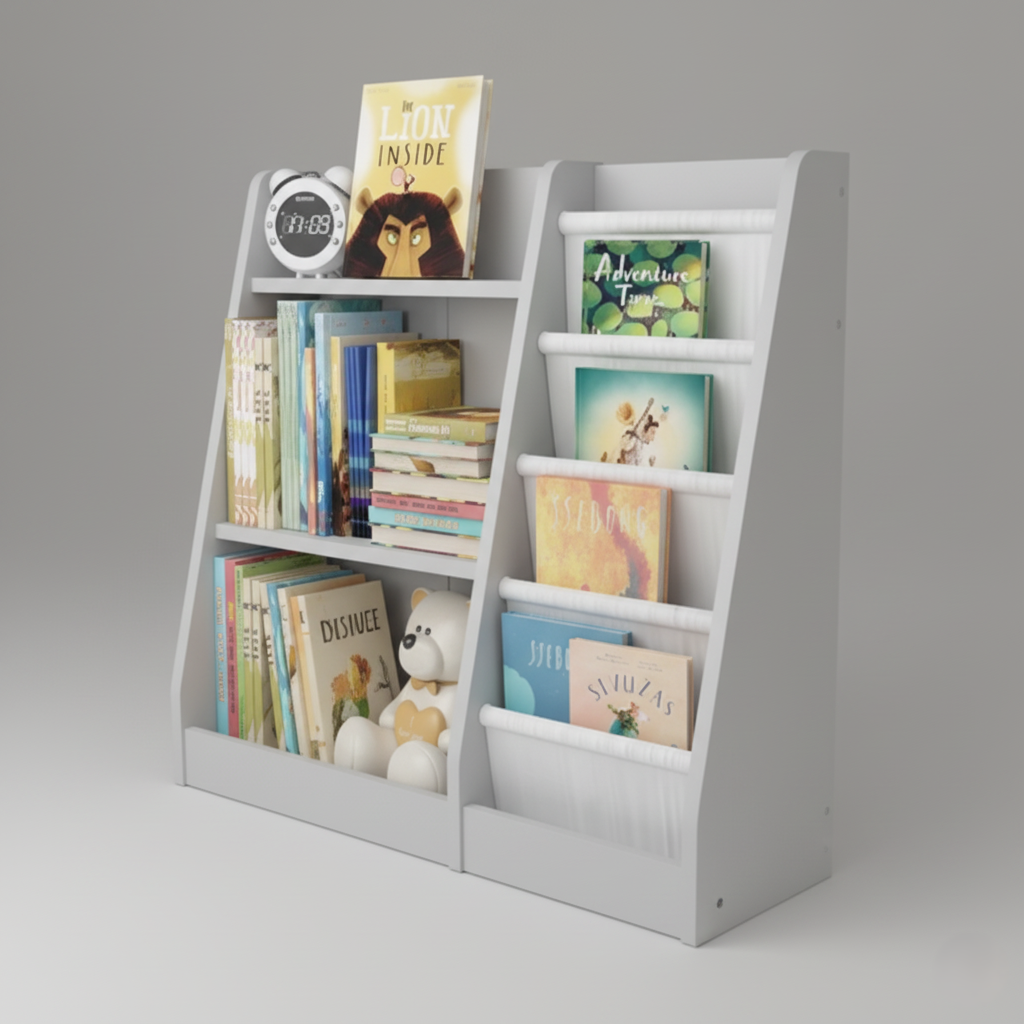 Kids Bookcase with Open Shelves and Fabric Pocket Storage Organizer for Books, Toys and Study Room – Compact Wooden Kids Bookshelf for Bedroom