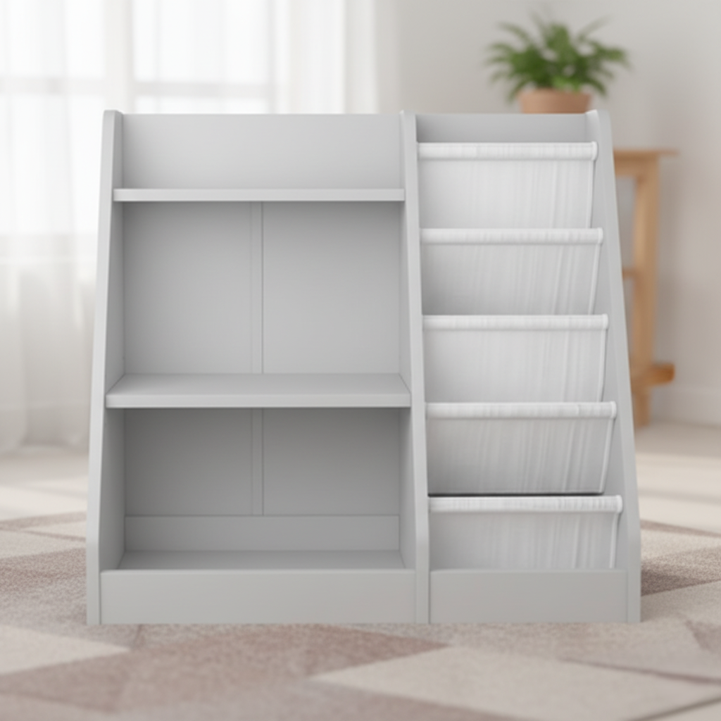 Kids Bookcase with Open Shelves and Fabric Pocket Storage Organizer for Books, Toys and Study Room – Compact Wooden Kids Bookshelf for Bedroom