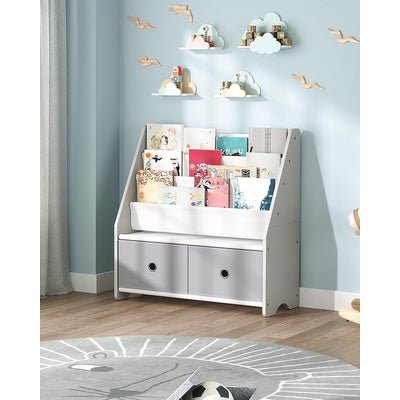 Modern Kids White Wooden Bookcase with Front-Facing Display Shelves and Bottom Storage Bins – Nursery, Playroom and Kids Bedroom Bookshelf Organizer