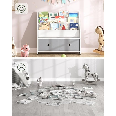 Modern Kids White Wooden Bookcase with Front-Facing Display Shelves and Bottom Storage Bins – Nursery, Playroom and Kids Bedroom Bookshelf Organizer