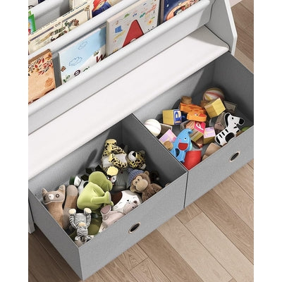 Modern Kids White Wooden Bookcase with Front-Facing Display Shelves and Bottom Storage Bins – Nursery, Playroom and Kids Bedroom Bookshelf Organizer