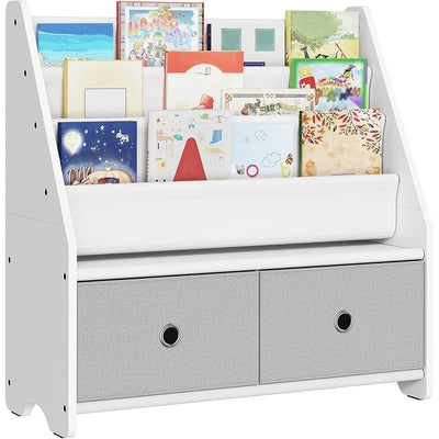 Modern Kids White Wooden Bookcase with Front-Facing Display Shelves and Bottom Storage Bins – Nursery, Playroom and Kids Bedroom Bookshelf Organizer