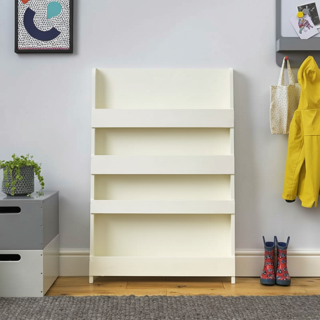 Modern Kids Wooden Bookcase with Front-Facing Tiered Display Shelves – Children’s Nursery, Playroom and Bedroom Book Organizer Rack