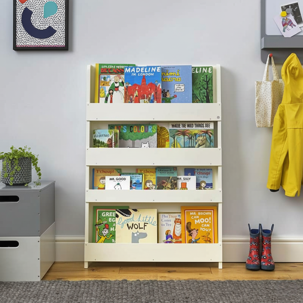 Modern Kids Wooden Bookcase with Front-Facing Tiered Display Shelves – Children’s Nursery, Playroom and Bedroom Book Organizer Rack