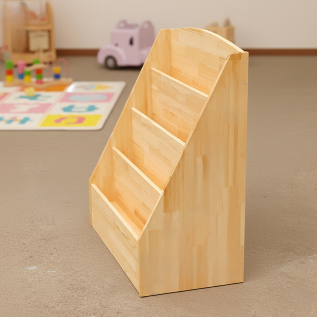 Kids Wooden Bookcase with Tiered Front-Facing Display Shelves – Children’s Picture Book Organizer Rack for Nursery, Playroom and Kids Bedroom