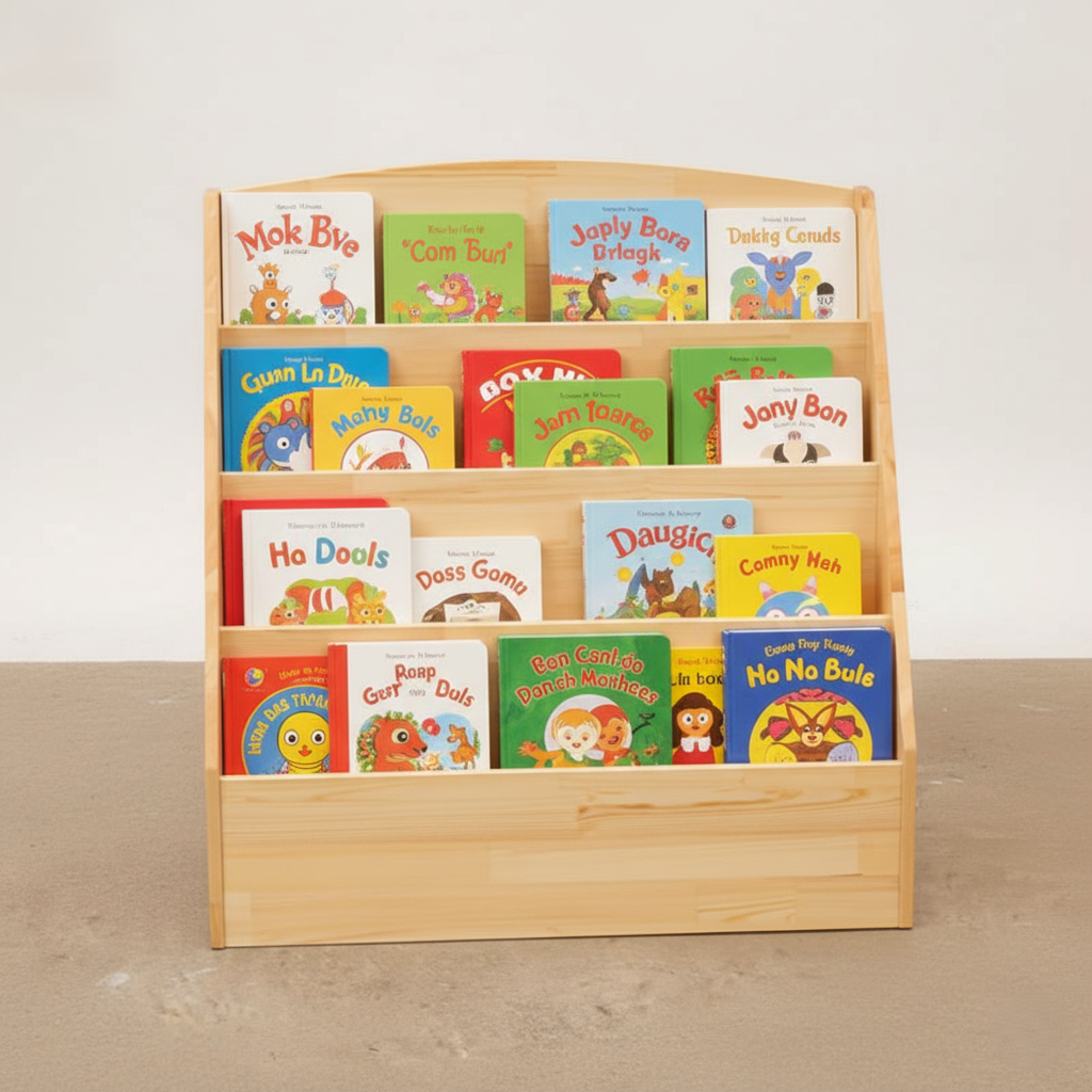 Kids Wooden Bookcase with Tiered Front-Facing Display Shelves – Children’s Picture Book Organizer Rack for Nursery, Playroom and Kids Bedroom