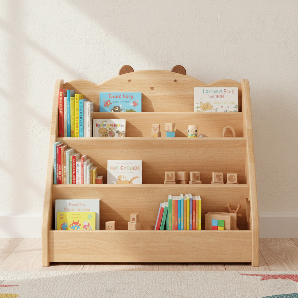 Kids Wooden Bookcase with Bear Design, Front Facing Display Shelf for Books, Montessori Style Storage Organizer for Toddlers and Kids Room