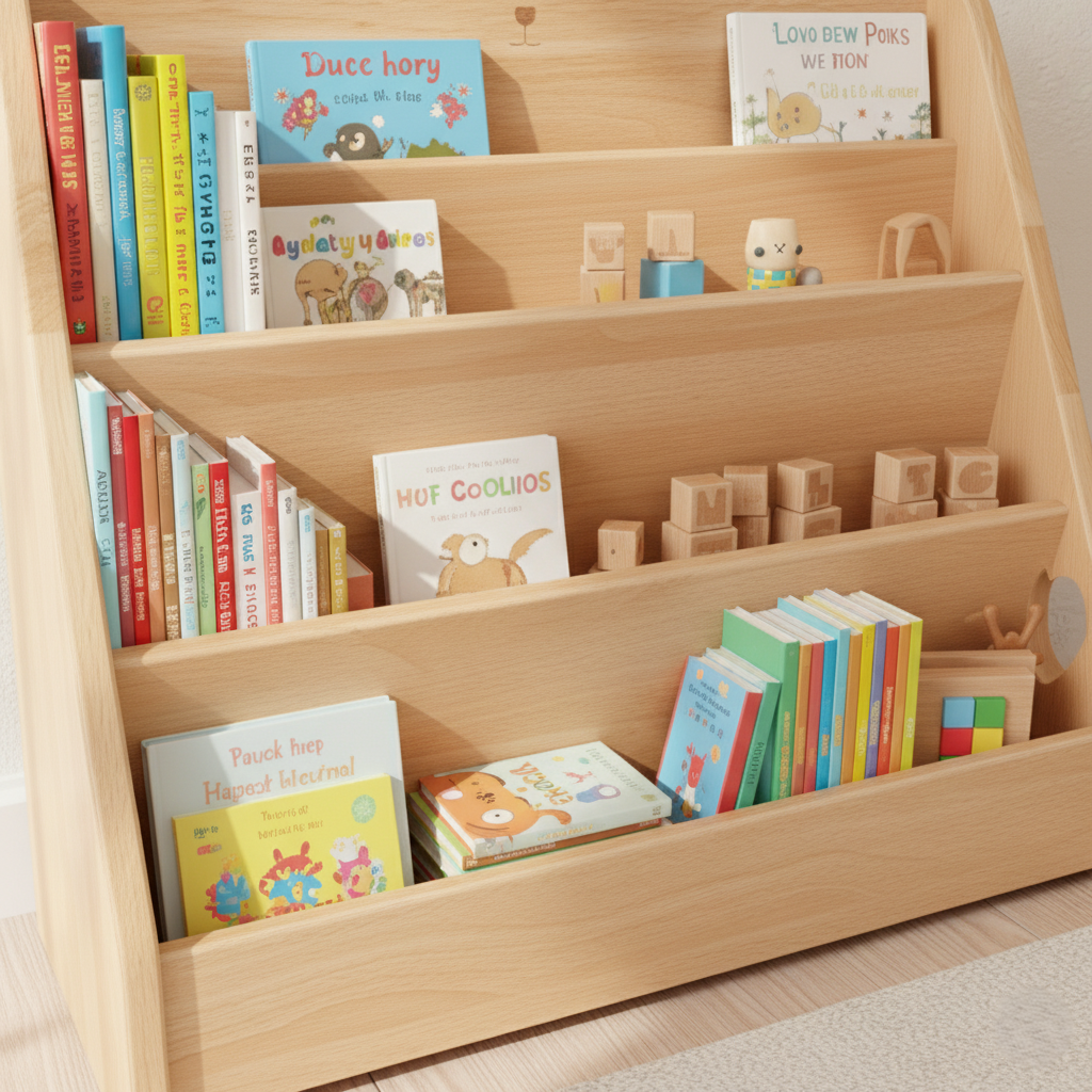 Kids Wooden Bookcase with Bear Design, Front Facing Display Shelf for Books, Montessori Style Storage Organizer for Toddlers and Kids Room