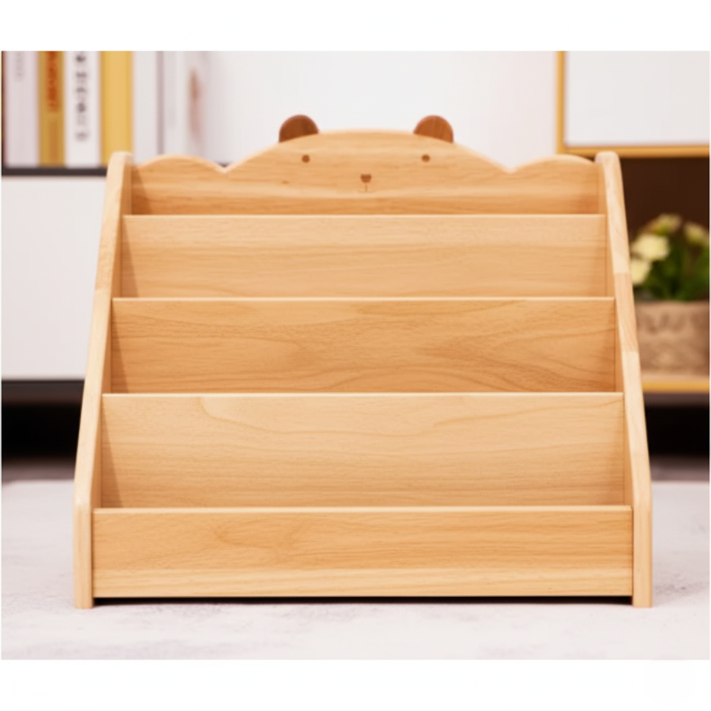 Kids Wooden Bookcase with Bear Design, Front Facing Display Shelf for Books, Montessori Style Storage Organizer for Toddlers and Kids Room