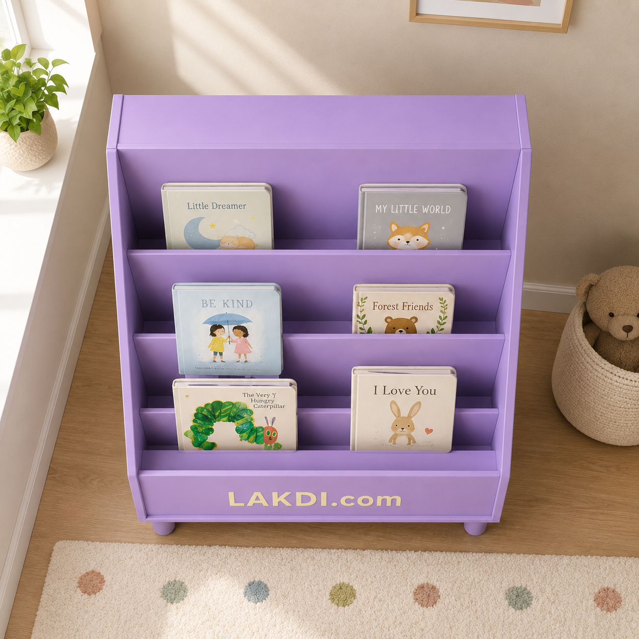Kids Front Facing Bookcase with 4 Tier Display Shelves, Wooden Montessori Book Organizer, Floor Standing Bookshelf for Bedroom, Nursery & Playroom