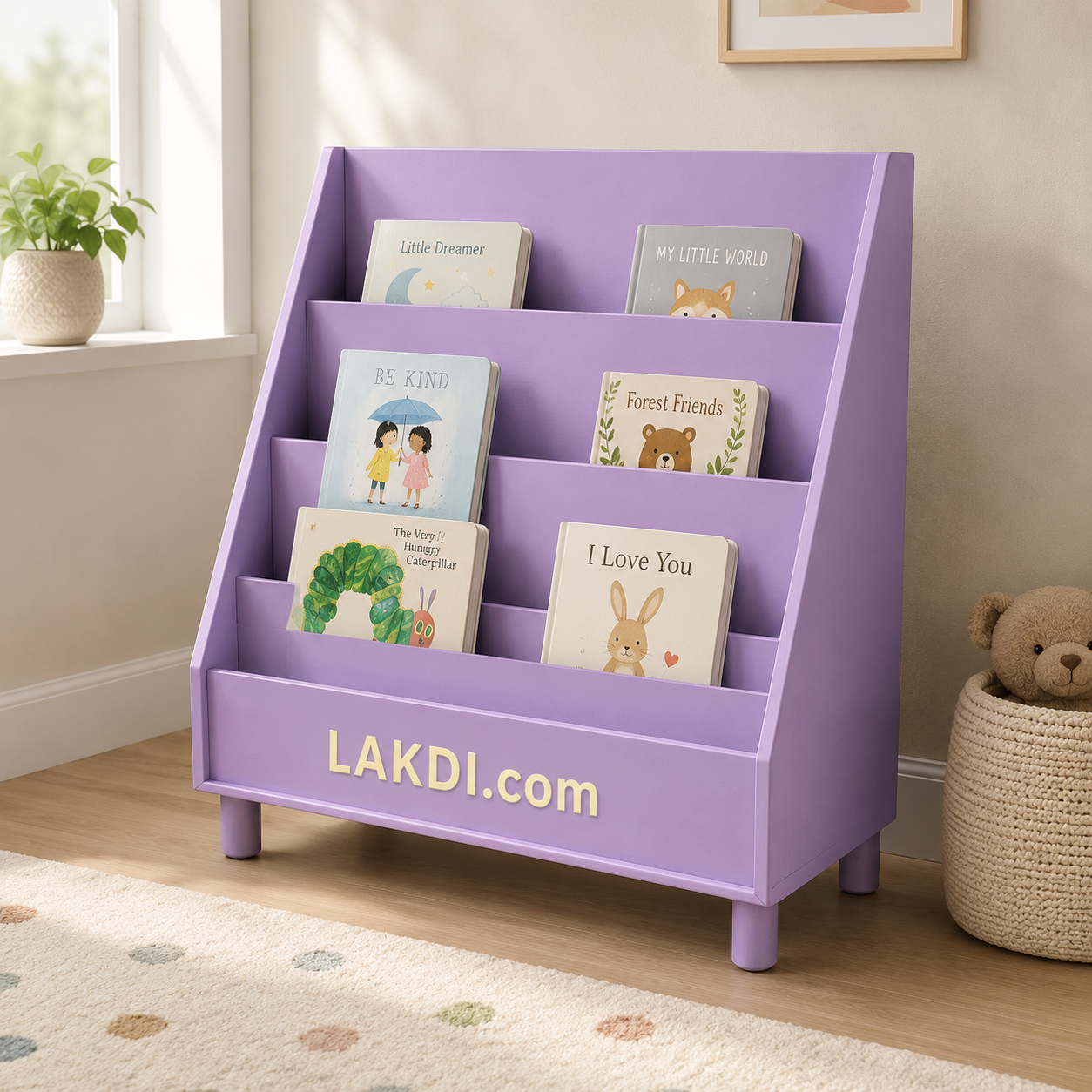 Kids Front Facing Bookcase with 4 Tier Display Shelves, Wooden Montessori Book Organizer, Floor Standing Bookshelf for Bedroom, Nursery & Playroom