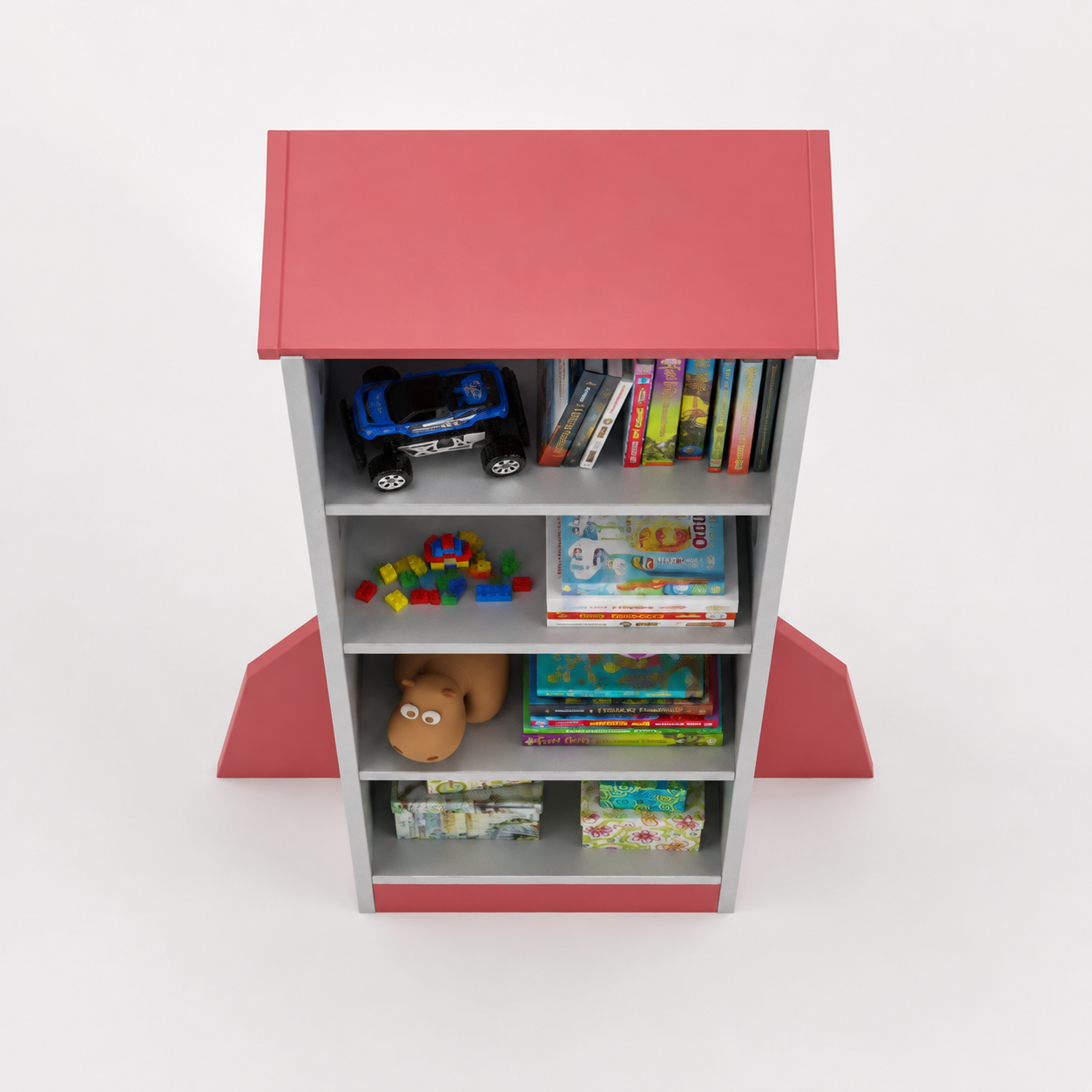 Rocket Shape Bookcase with 4 Tier Open Display Shelves, Wooden Floor Standing Bookshelf for Bedroom, Nursery, Playroom