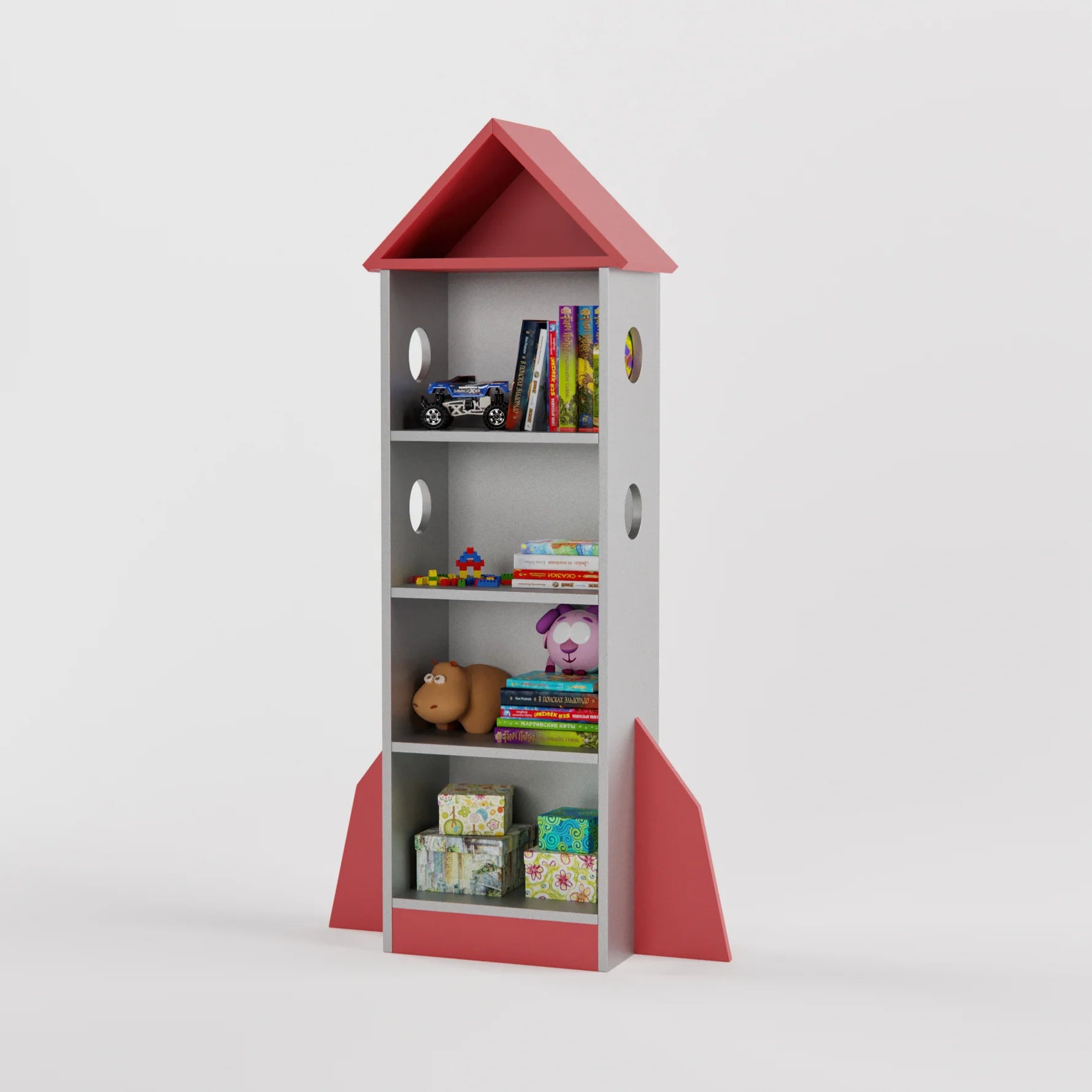 Rocket Shape Bookcase with 4 Tier Open Display Shelves, Wooden Floor Standing Bookshelf for Bedroom, Nursery, Playroom