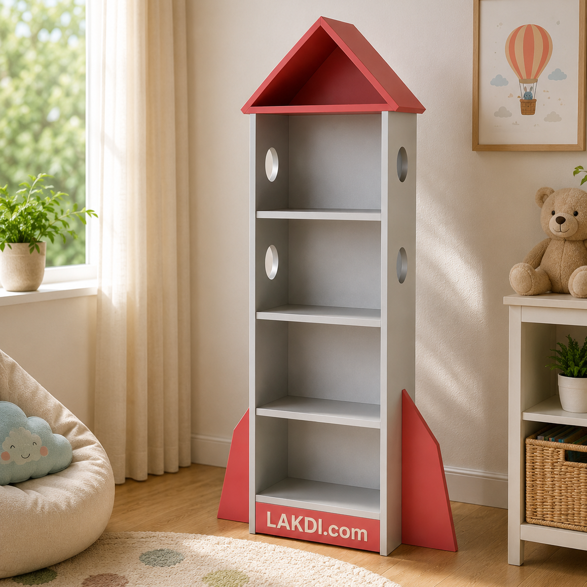 Rocket Shape Bookcase with 4 Tier Open Display Shelves, Wooden Floor Standing Bookshelf for Bedroom, Nursery, Playroom