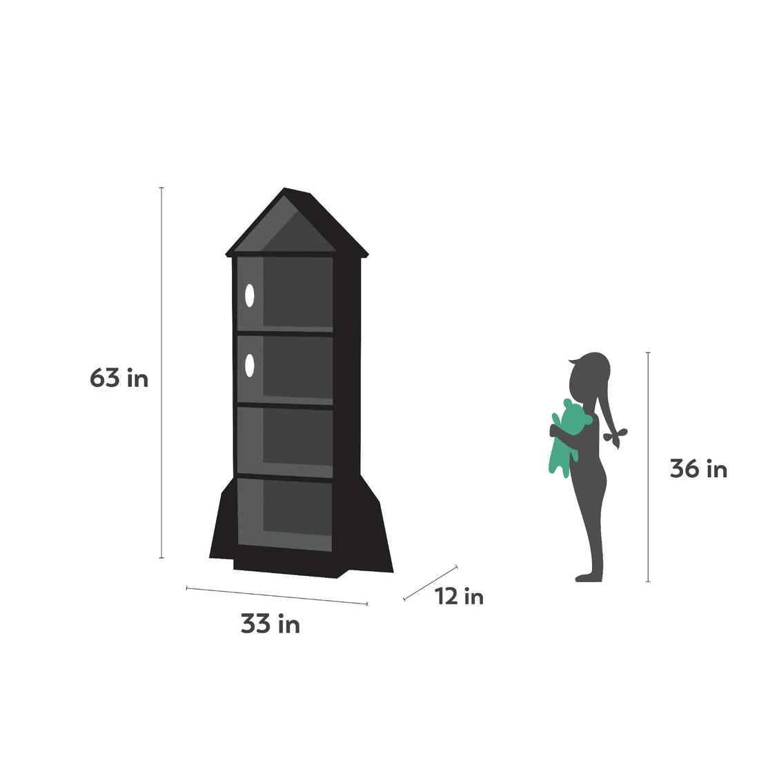 Rocket Shape Bookcase with 4 Tier Open Display Shelves, Wooden Floor Standing Bookshelf for Bedroom, Nursery, Playroom