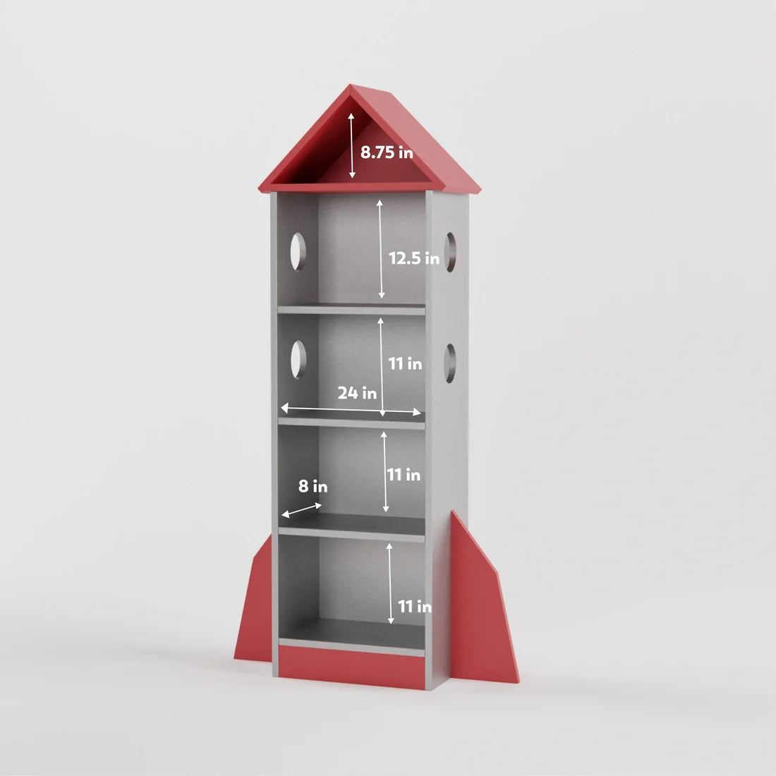 Rocket Shape Bookcase with 4 Tier Open Display Shelves, Wooden Floor Standing Bookshelf for Bedroom, Nursery, Playroom