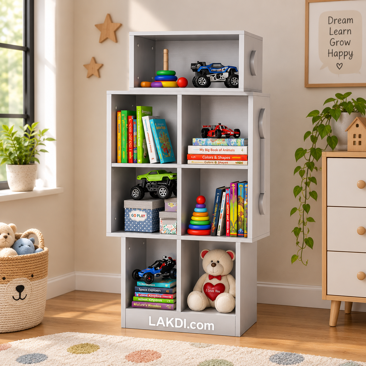 Modular Wooden Bookcase with 7 Open Display Shelves, Floor Standing Storage Organizer for Books, Toys And Décor