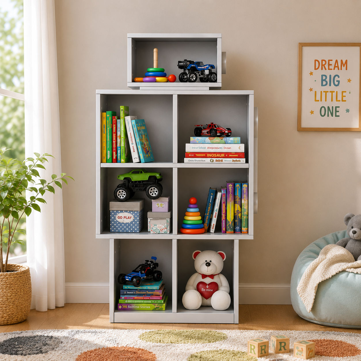 Modular Wooden Bookcase with 7 Open Display Shelves, Floor Standing Storage Organizer for Books, Toys And Décor