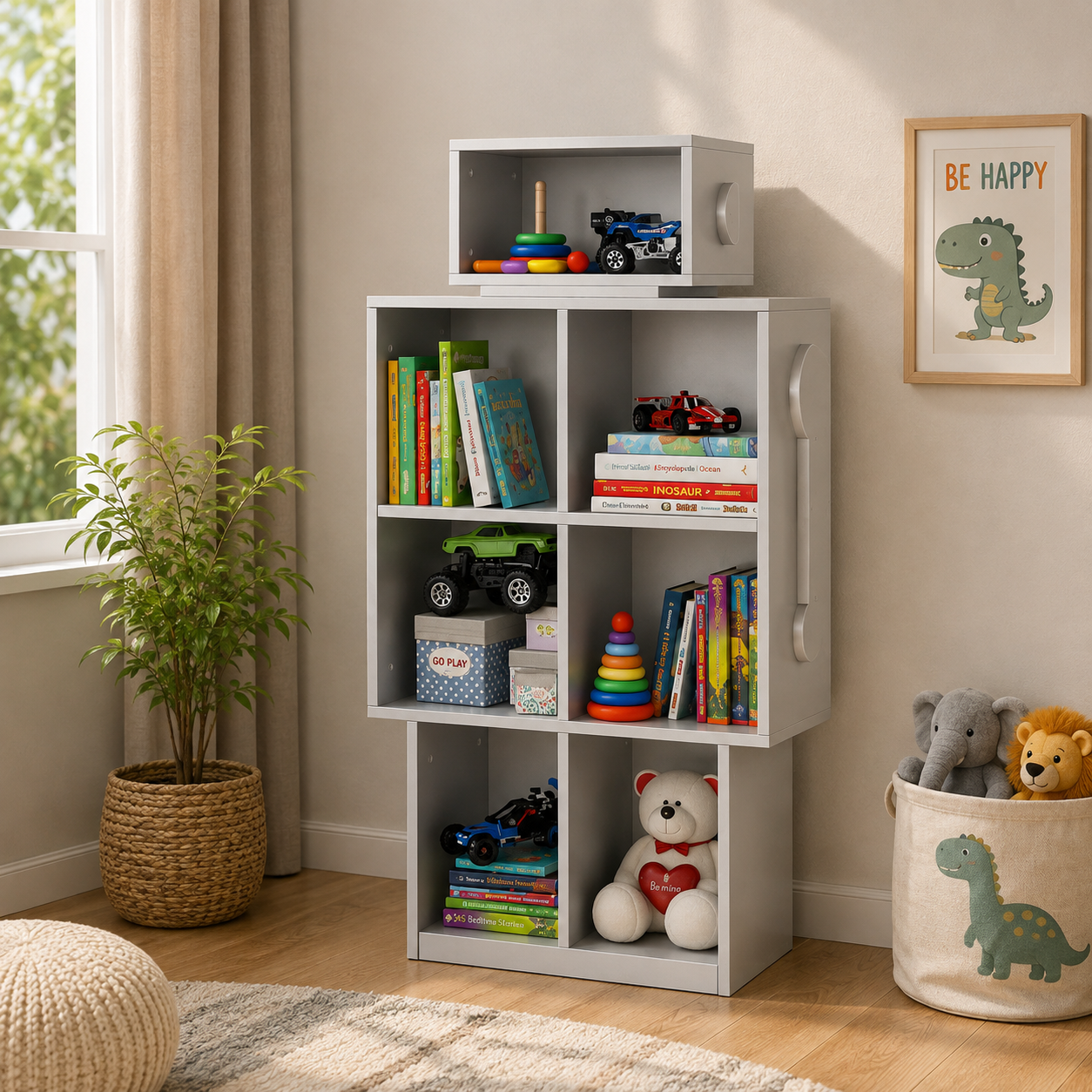 Modular Wooden Bookcase with 7 Open Display Shelves, Floor Standing Storage Organizer for Books, Toys And Décor