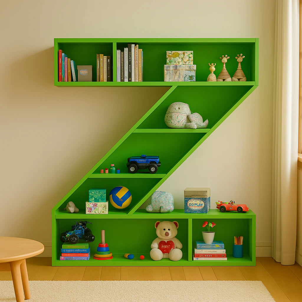 Z Shape Wooden Bookcase with Open Display Shelves, Modern Floor Standing Storage Organizer for Books, Toys & Décor, Kids Bedroom, Playroom & Nursery