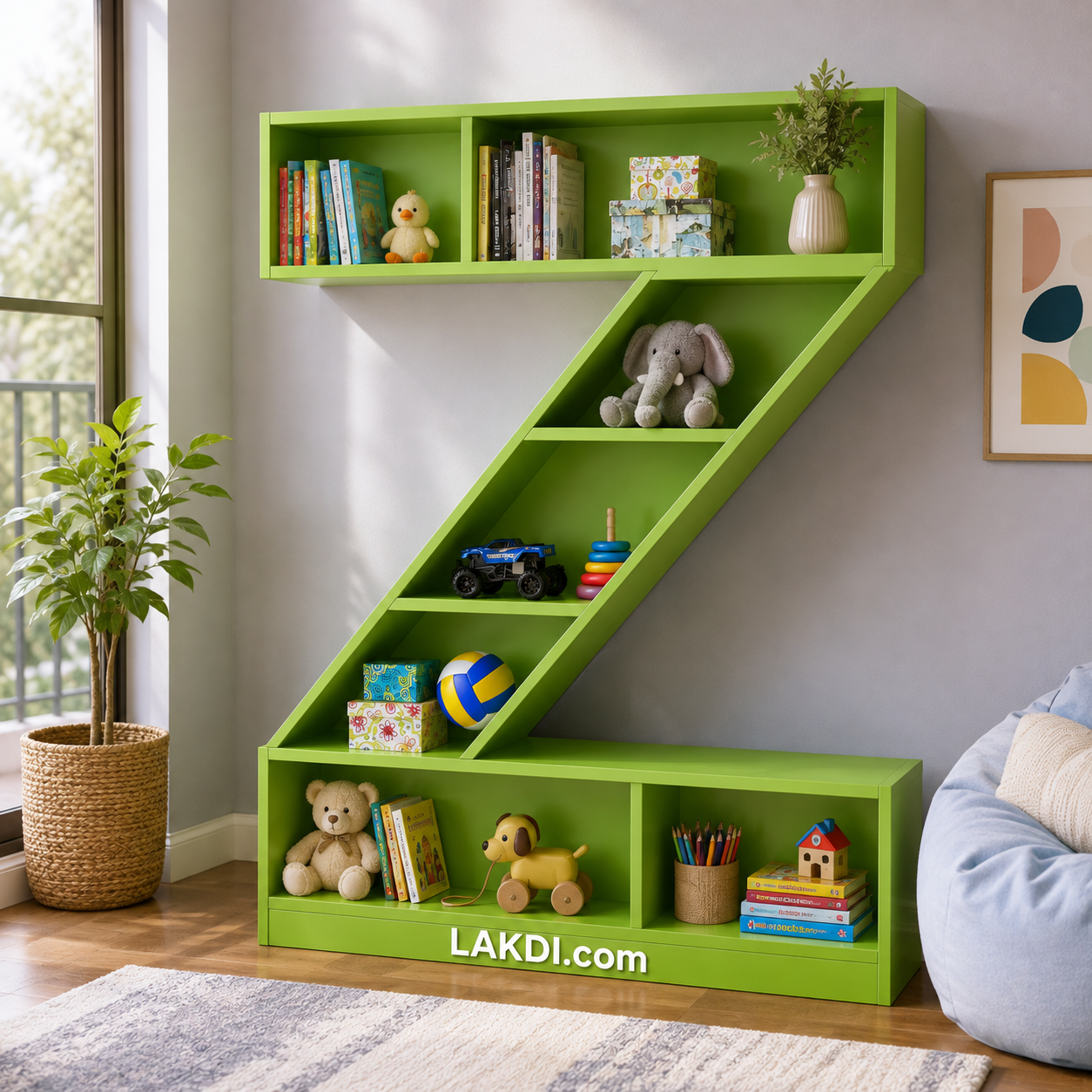 Z Shape Wooden Bookcase with Open Display Shelves, Modern Floor Standing Storage Organizer for Books, Toys & Décor, Kids Bedroom, Playroom & Nursery