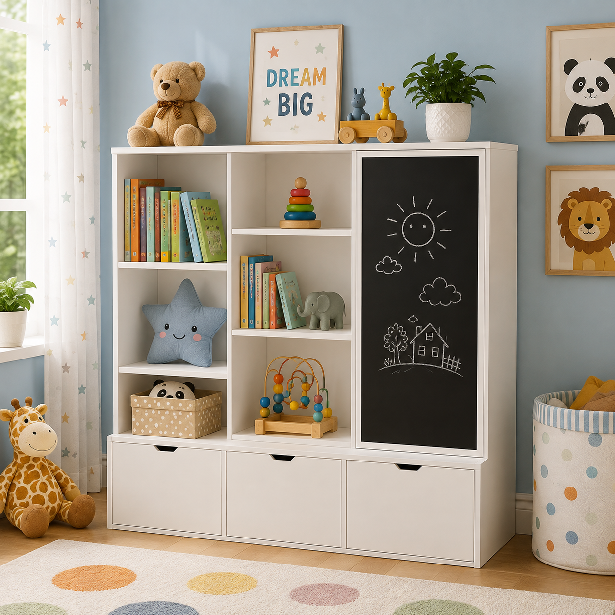 White Kids Bookshelf with Chalkboard Door & 3 Drawers, 5 Open Shelves, Montessori Wooden Book Storage Cabinet for Bedroom