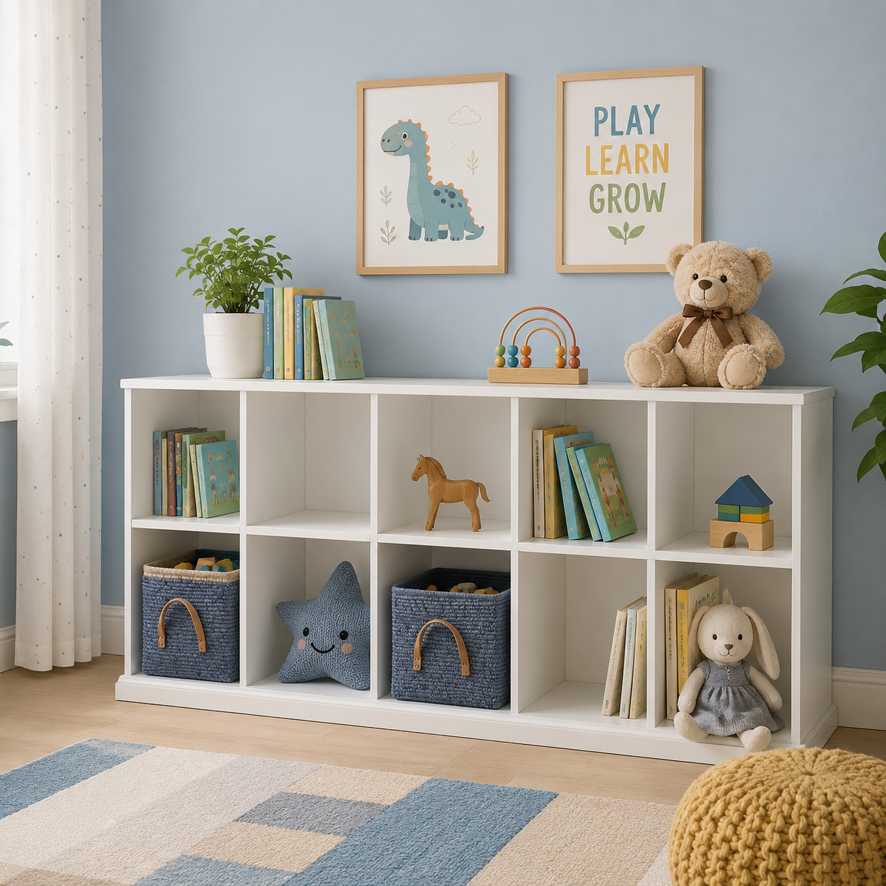 Bookshelf with 8 Open Cube Shelves, Montessori Wooden Toy & Book Storage Organizer for Bedroom, Nursery, Playroom, Classroom & Study Room