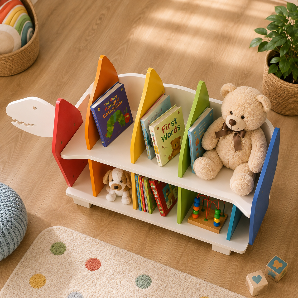 Dinosaur Theme Kids Bookshelf with 8 Vertical Book Compartments, 2 Tier Open Storage Rack, Colorful Particle Board Book Organizer for Nursery & Playroom