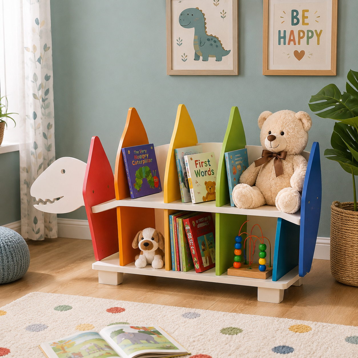 Dinosaur Theme Kids Bookshelf with 8 Vertical Book Compartments, 2 Tier Open Storage Rack, Colorful Particle Board Book Organizer for Nursery & Playroom
