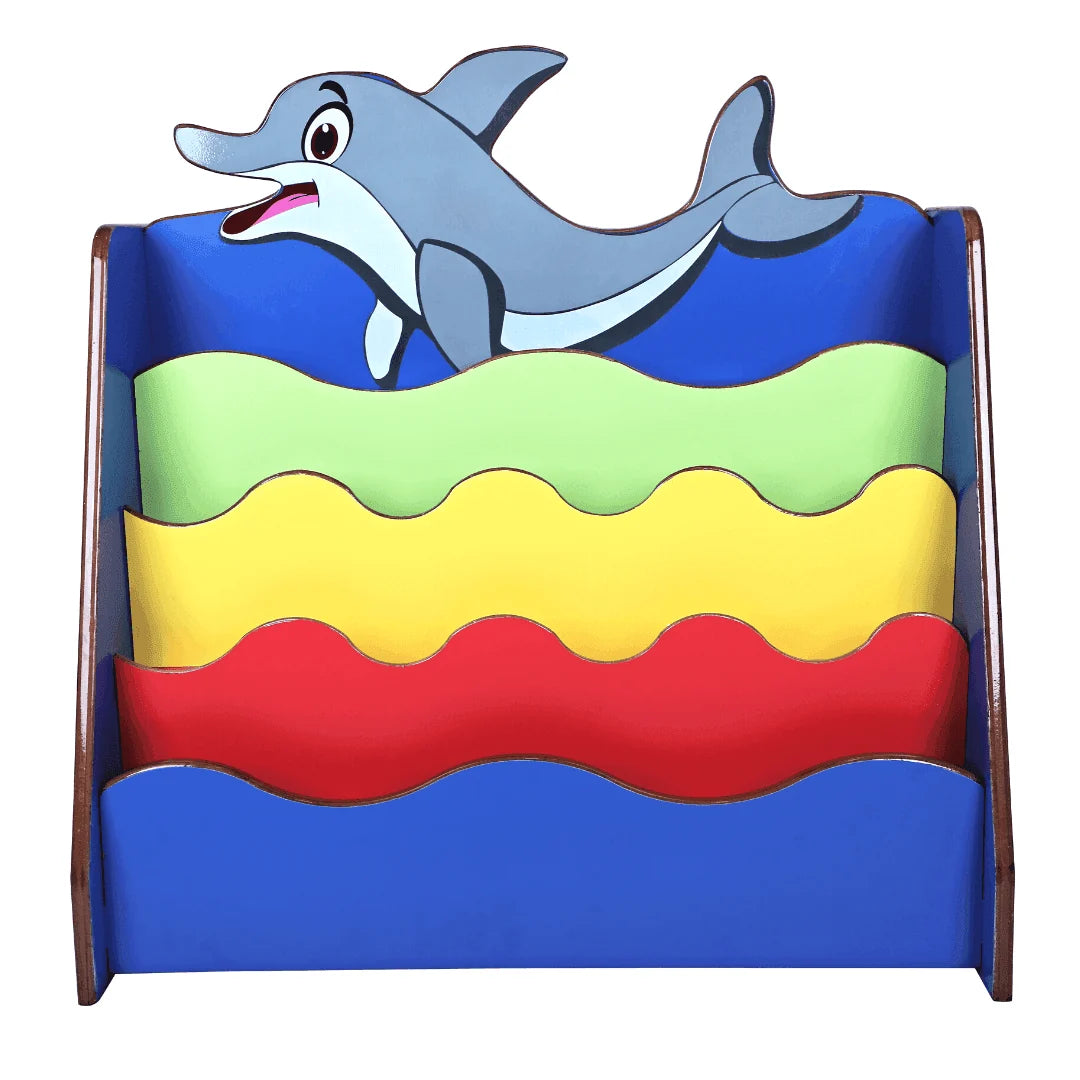 Dolphin Theme Kids Bookshelf with 4 Tier Front Facing Book Storage, Colorful Wave Shelves, Particle Board Book Rack