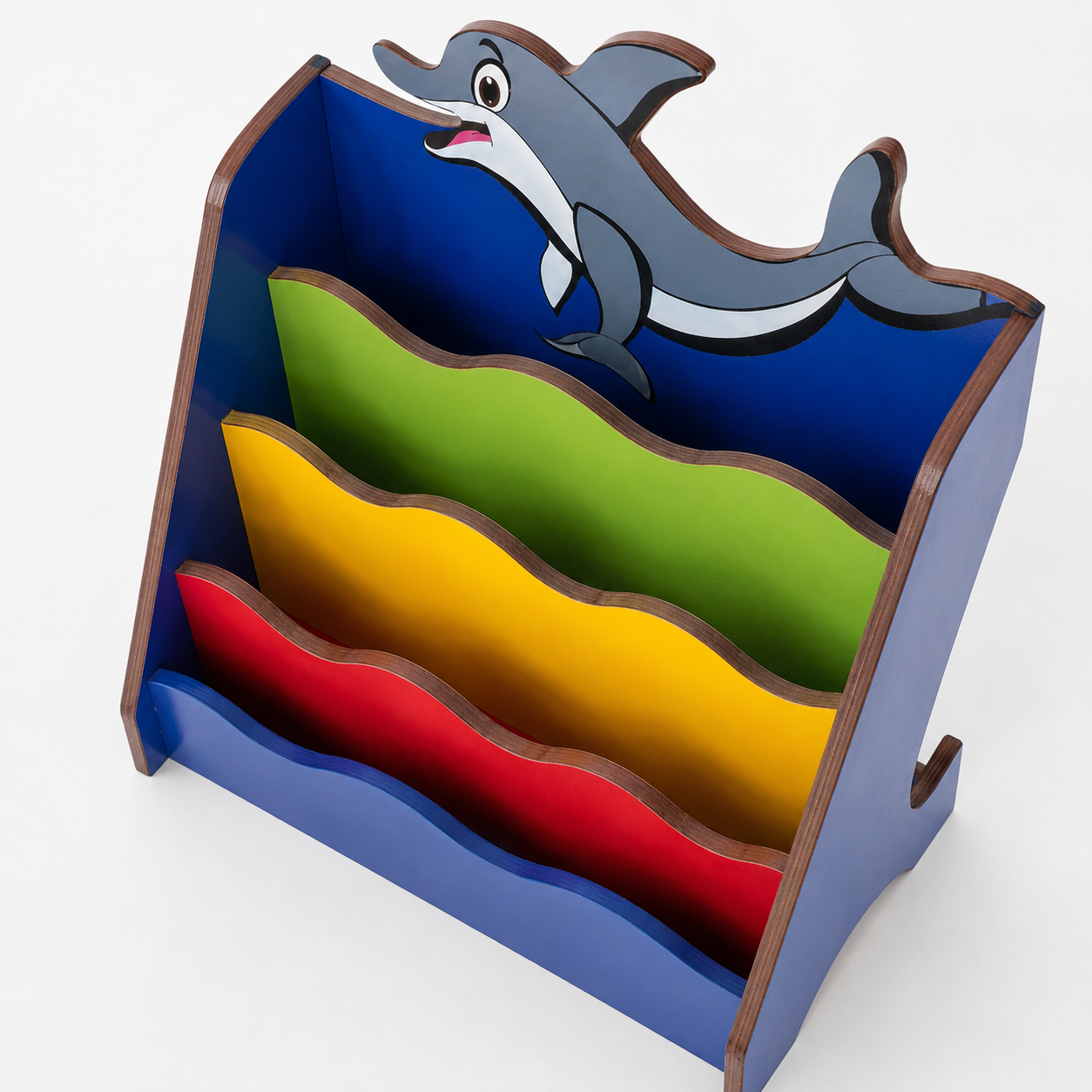 Dolphin Theme Kids Bookshelf with 4 Tier Front Facing Book Storage, Colorful Wave Shelves, Particle Board Book Rack