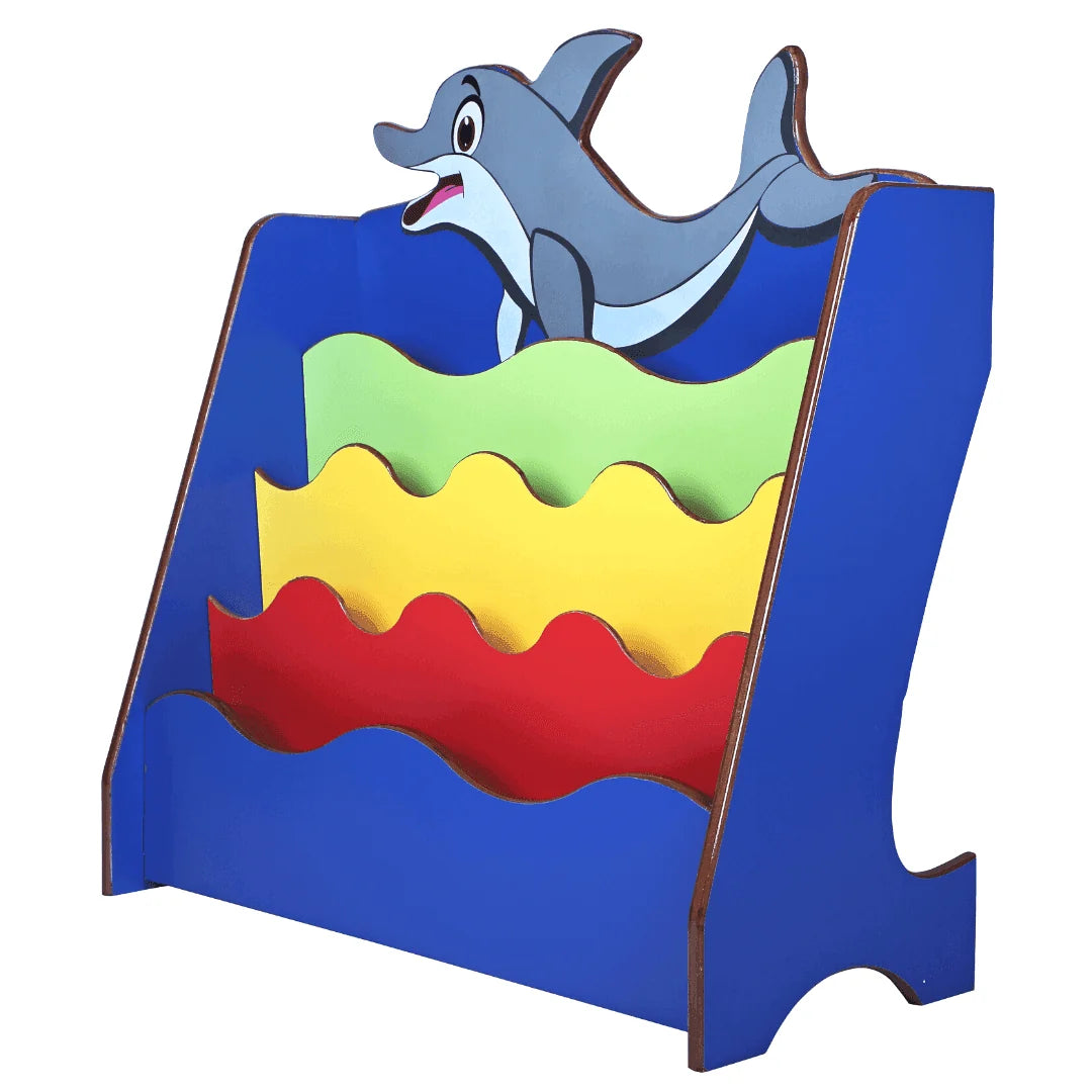 Dolphin Theme Kids Bookshelf with 4 Tier Front Facing Book Storage, Colorful Wave Shelves, Particle Board Book Rack