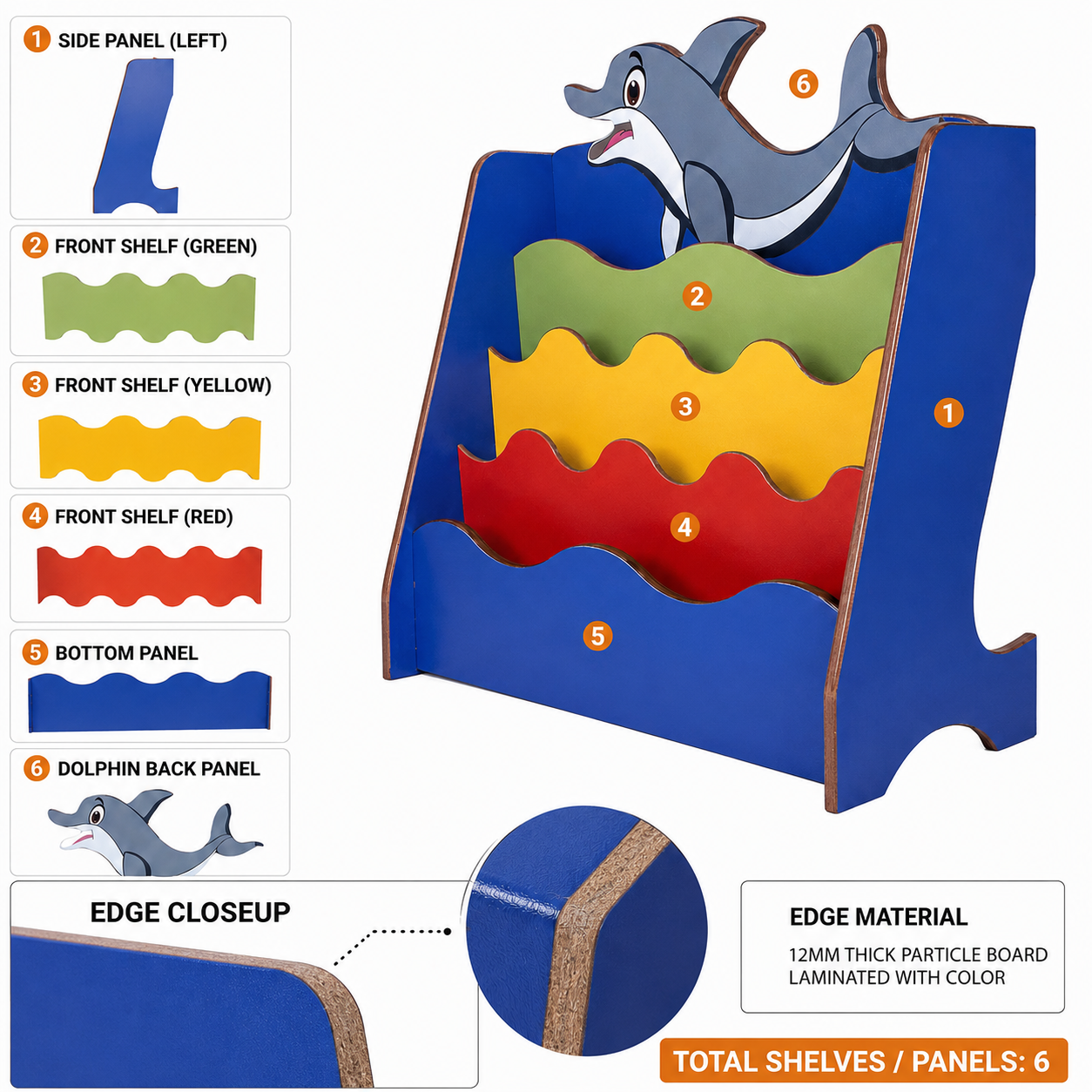 Dolphin Theme Kids Bookshelf with 4 Tier Front Facing Book Storage, Colorful Wave Shelves, Particle Board Book Rack