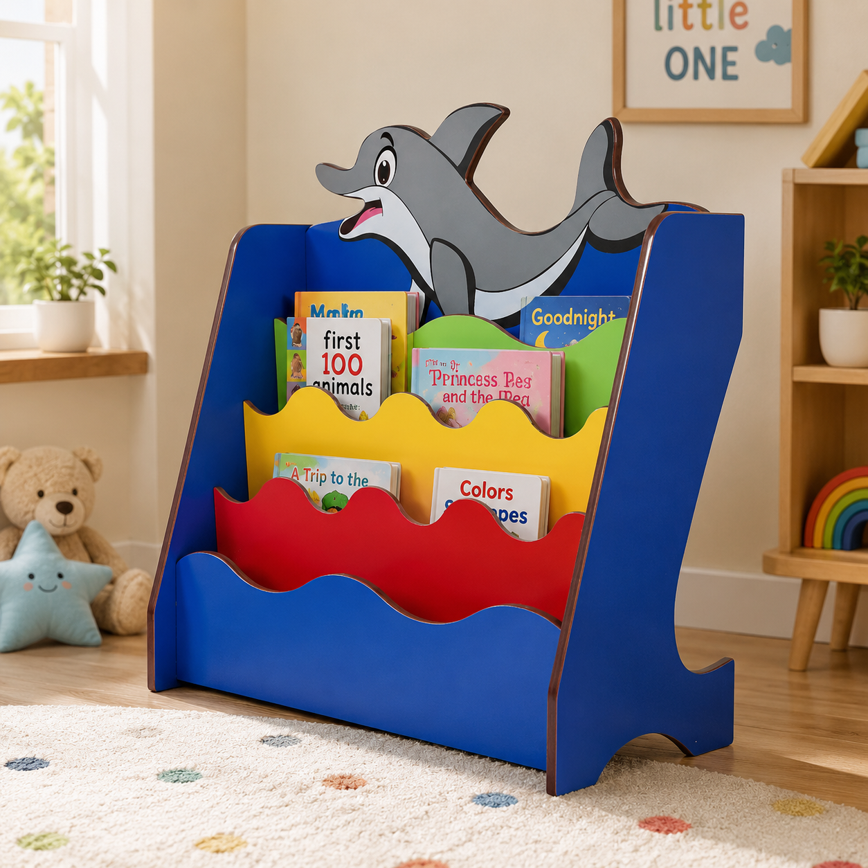 Dolphin Theme Kids Bookshelf with 4 Tier Front Facing Book Storage, Colorful Wave Shelves, Particle Board Book Rack