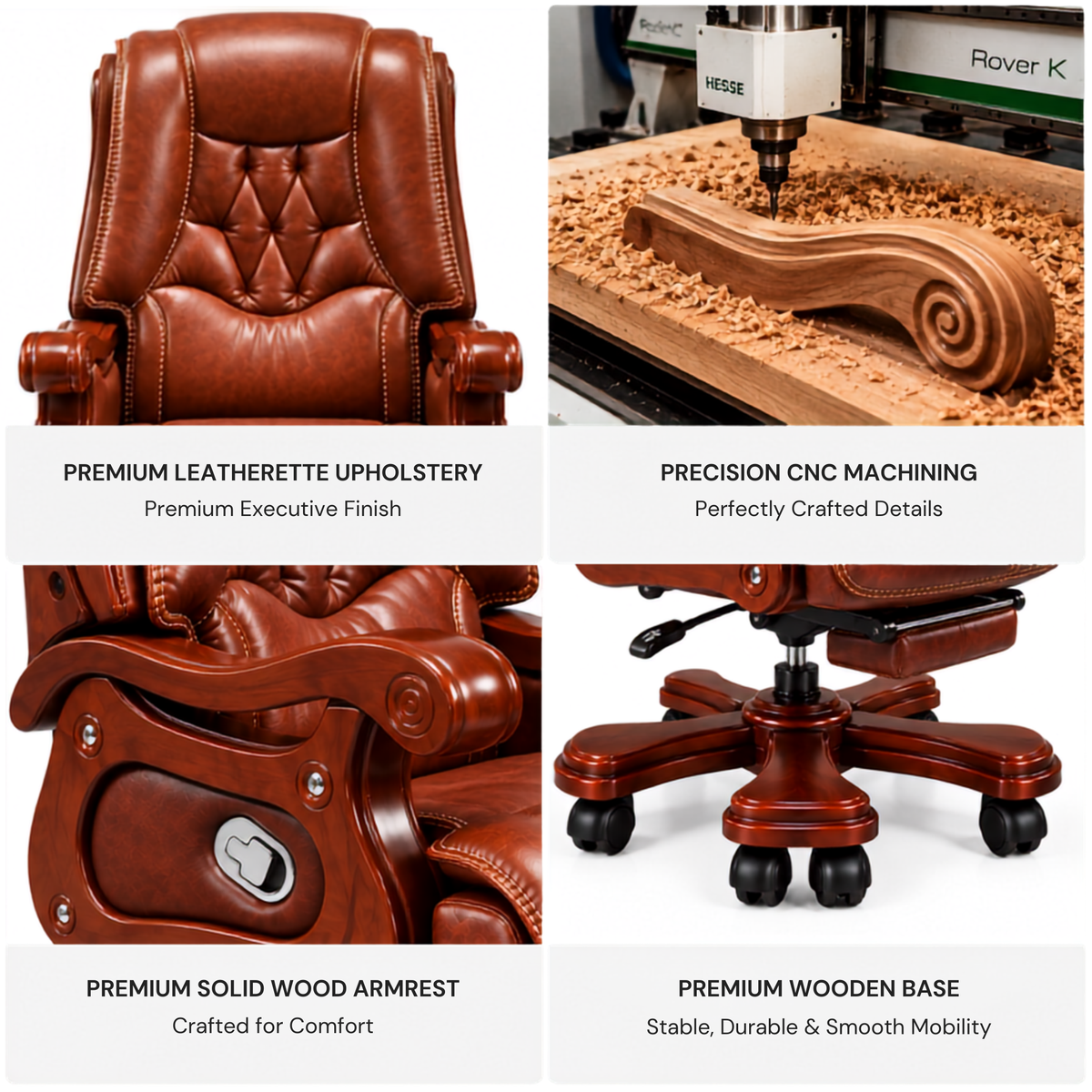 High Back Luxury Office Director Chair Made in Plyboard with Leatherette and High Density Foam & Recliner Feature and Double Wheel with wooden Polish