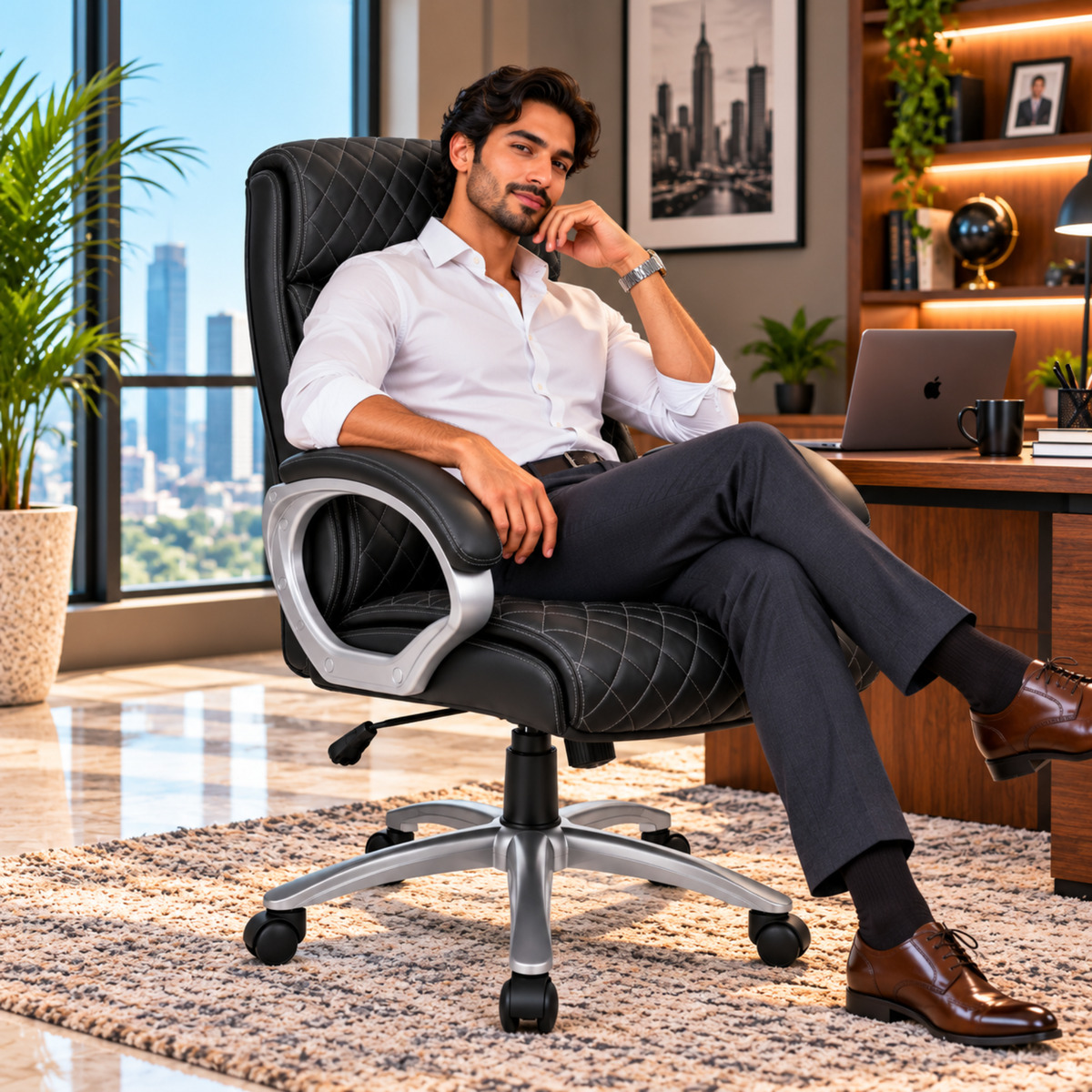 Luxury Executive Office Chair with Diamond Quilted High Backrest, Padded Headrest, Cushioned Armrests, Adjustable Height & Chrome Swivel Base