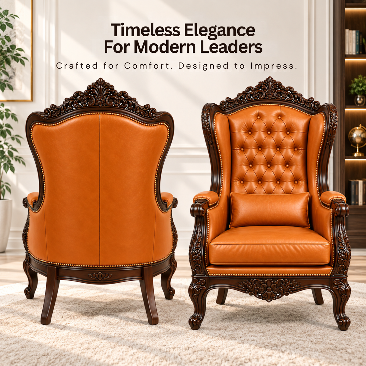Royal Maharaja High Back Chair, upholstered in luxurious Leatherette, featuring wide armrests and design and Hand Crafting Chair Durable & High Comfort Chair