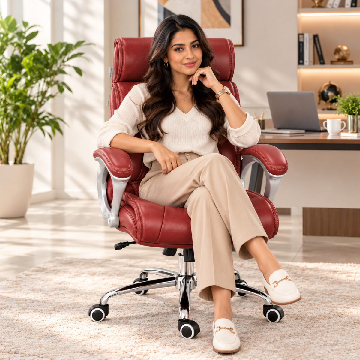 लेदरेट अपहोल्स्ट्री, मेटल क्रोम फ्रेम और पाउडर फिनिश के साथ हाई बैक एग्जीक्यूटिव चेयर