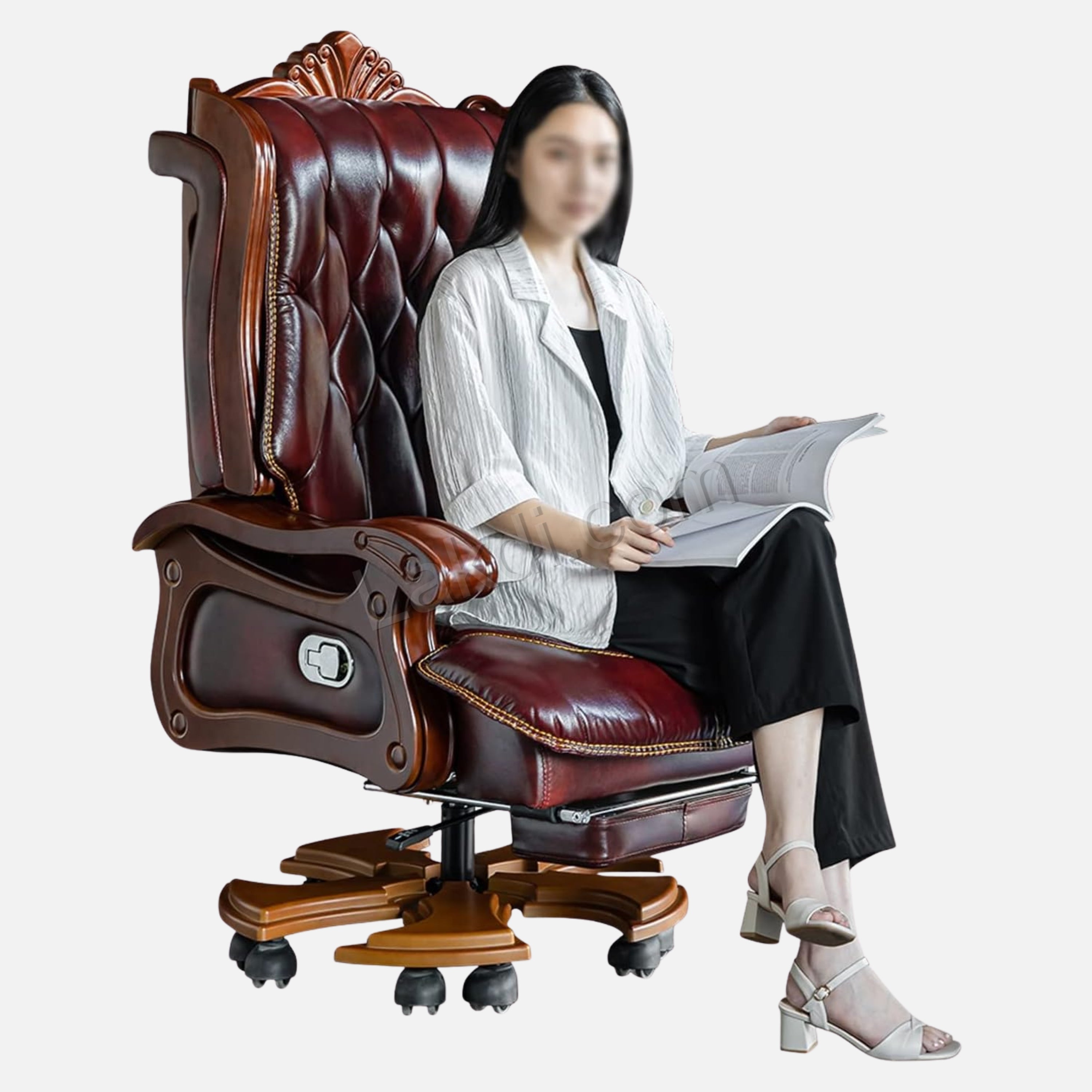 Luxury Office Director Chair Made in Teak wood with Pure Leather and Soft Padded - Armrest and Swivel Base and Polish, & 150° Reclining Office Seat -Brown