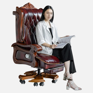 Luxury Office Director Chair Made in Teak wood with Pure Leather and Soft Padded - Armrest and Swivel Base and Polish, & 150° Reclining Office Seat -Brown