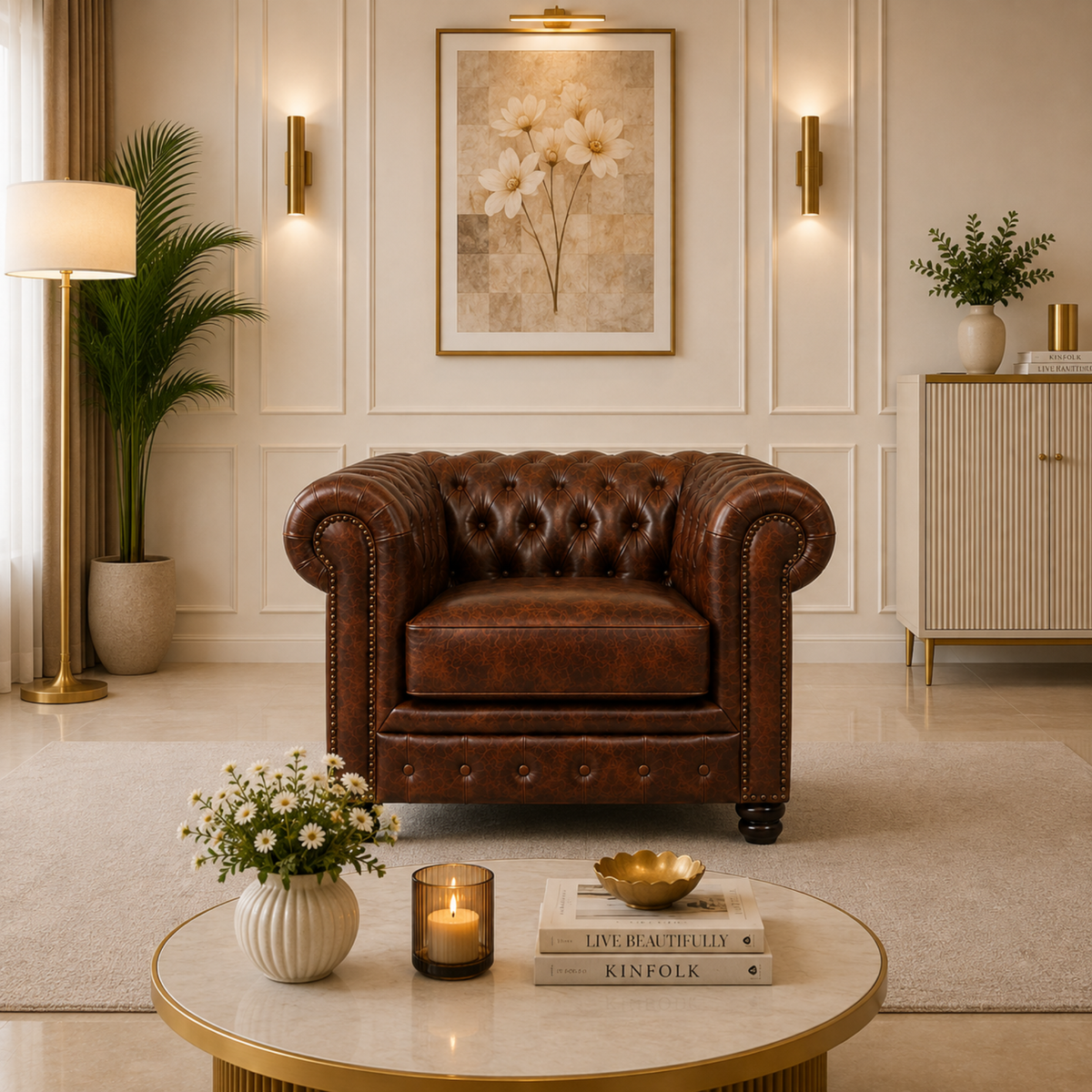 3 Seater chesterfield sofa Modern Design and Leatherette fabric Durable & Comfortable Padded Perfect for living Room -Brown