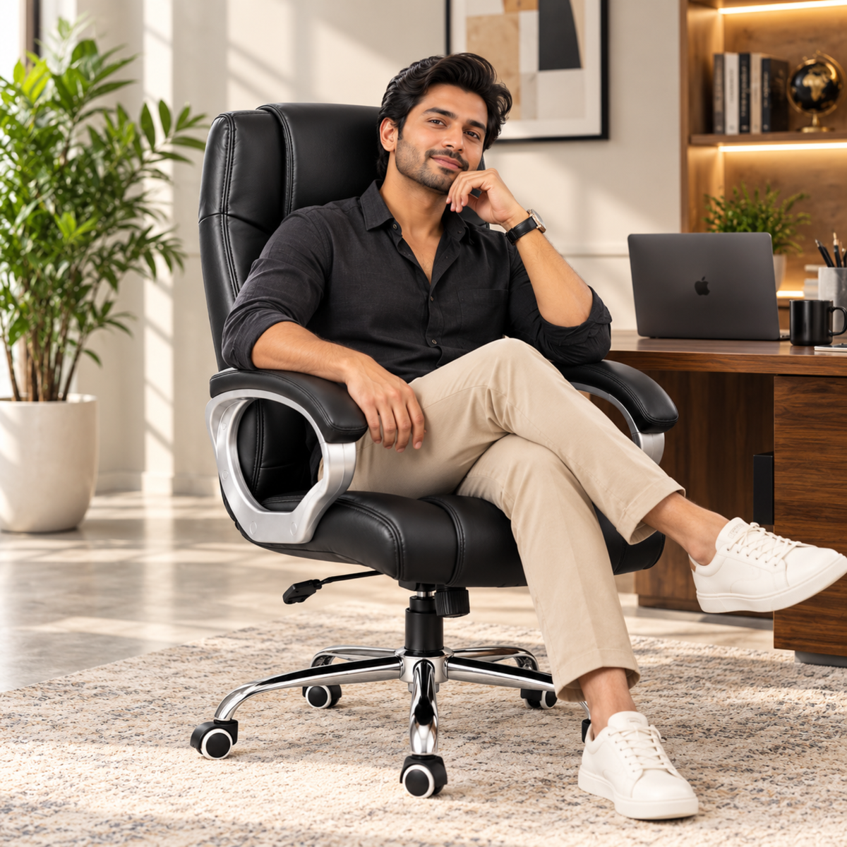 Modern Director Office Chair, Leatherette Upholstery with High Back and Powder-Coated Chrome Base
