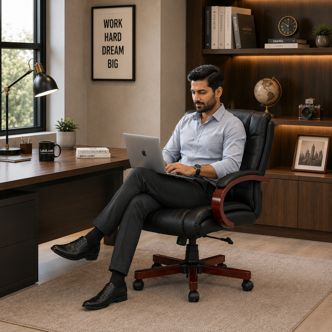 Stylish Leatherette Director and Boss Office Chair with Wooden Handle and Base
