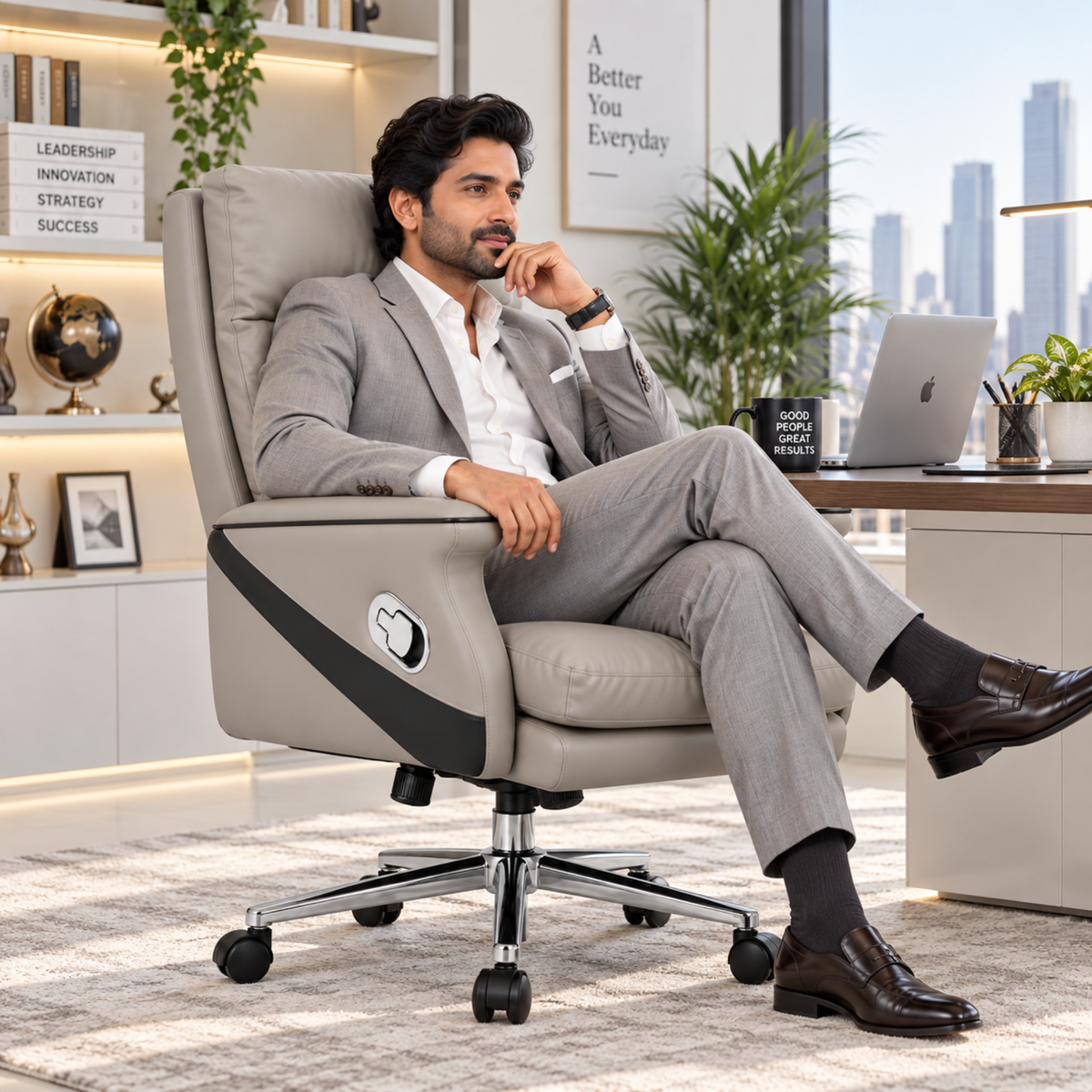 Luxury Leatherette Director High Back Office Chair with Recliner, Ergonomic Design, Chrome Base and Smooth Castors – Premium Brown Executive Chair